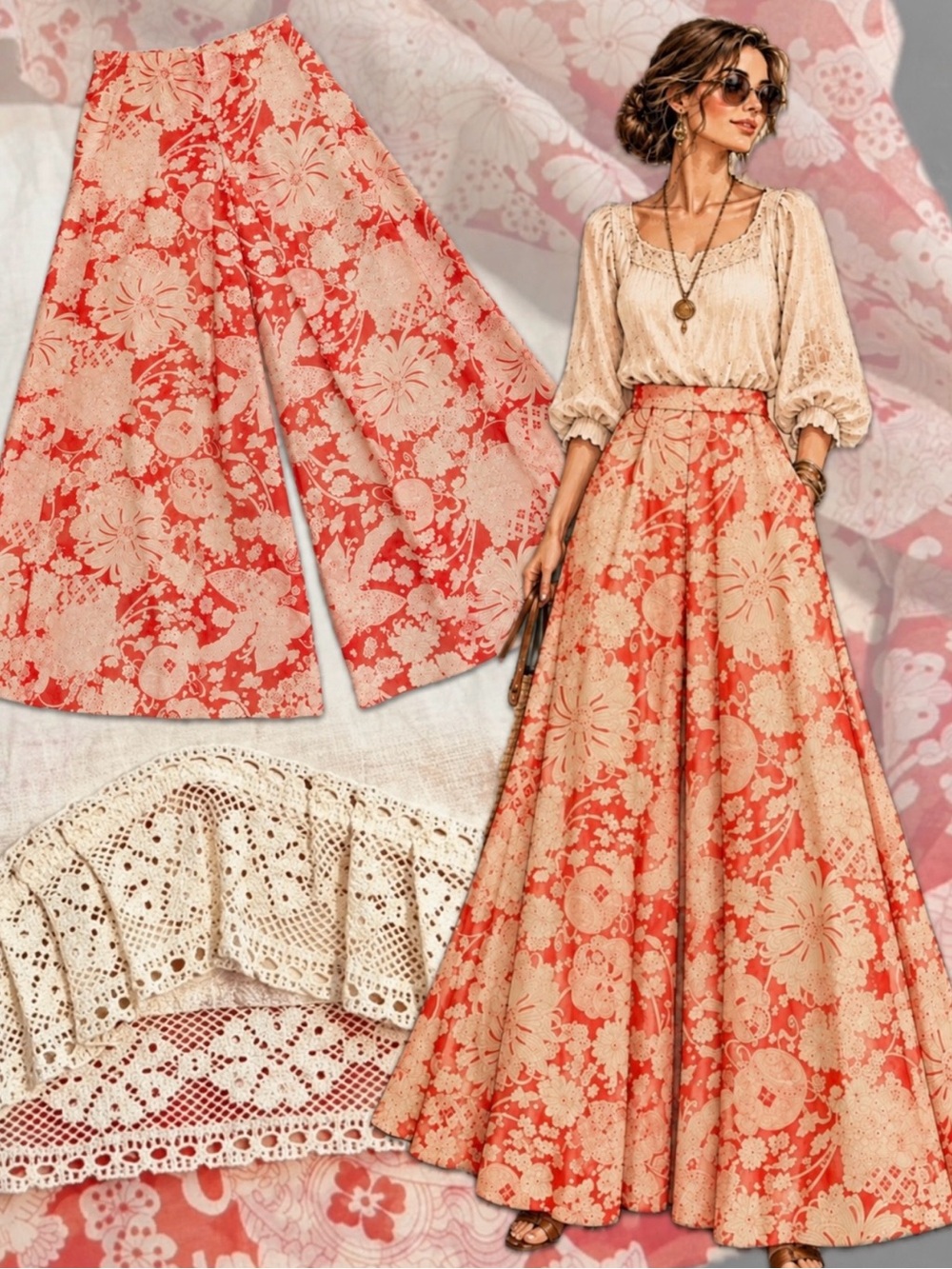 VINTAGE 70s Chessa Davis split leg skirt palazzo pants wide leg lace bohemian